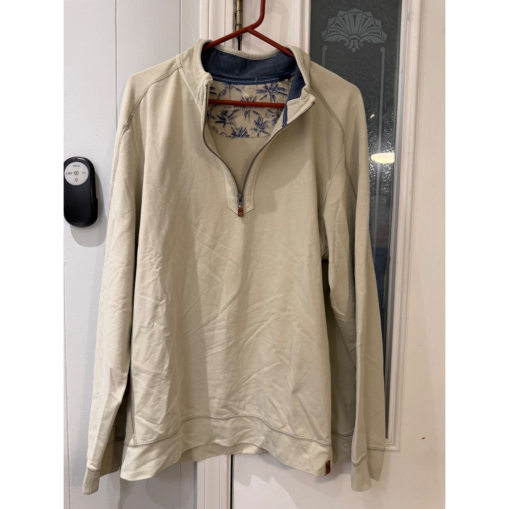 Tommy Bahama Mens XL Beige Quarter Zip Pullover Sweatshirt Palm Tree Trim